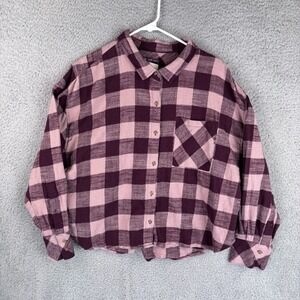Scotch & Soda Women's Flannel Size Small Oversized Cropped Pink Plum Plaid